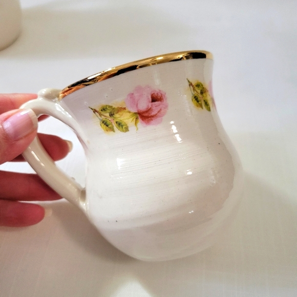 Vintage Handmade Pottery Mugs Gorgeous Rose & Gold Rim Mug set of 2 - Picture 11 of 16